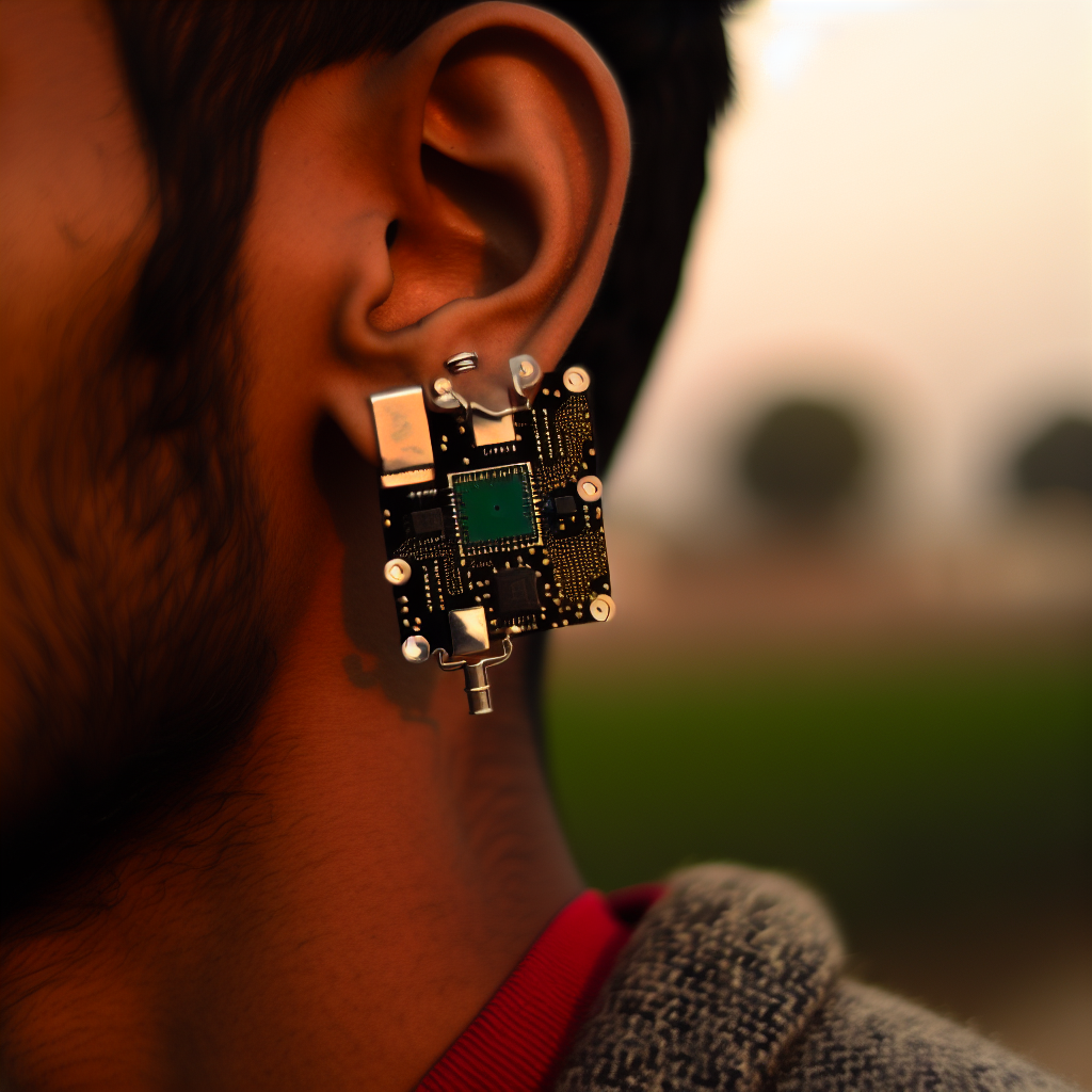 Generate an image of an individual wearing a unique piece of ear jewellery. The jewellery is an innovative fusion of metal and a printed circuit board with embedded electronic components. These components are almost invisible, hinting at a discreet blend of technology and fashion. The photograph is outdoors and captures the beauty of evening light, enhanced by the muted glow of the setting sun.